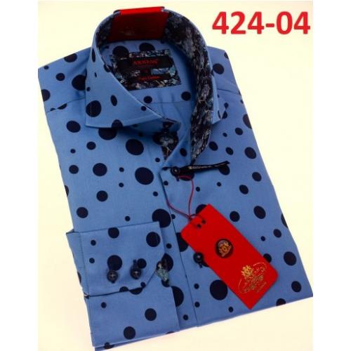 Axxess Blue Polka Dot Cotton Modern Fit Dress Shirt With Button Cuff 424-04